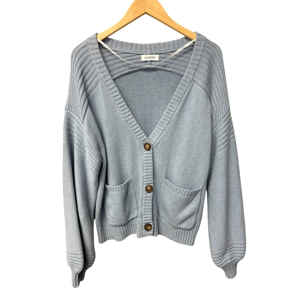 NAADAM Donegal Cardigan Sweater‎ Light Blue Womens L Cotton Silk Blend Cozy EUC